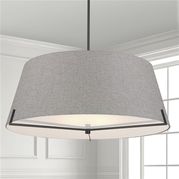 Luminaire suspendu Preston de Dainolite à 4 lumières 33 po de diamètre noir mat, abat-jour en tissu gris