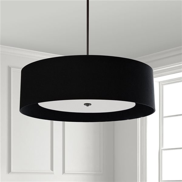 Lampe suspendue Helena de Dainolite noir mat à 4 lumières 30 po de diamètre à abat-jour noir, diffuseur blanc