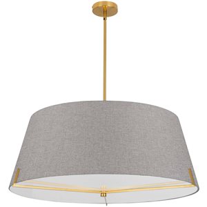 Luminaire suspendu Preston de Dainolite à 4 lumières de 33 po de diamètre en laiton patiné, abat-jour en tissu gris