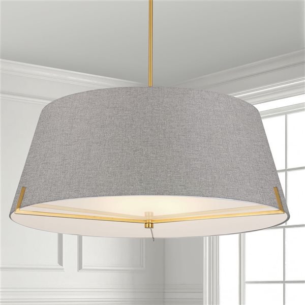 Dainolite Preston 4-Light 33-in dia Aged Brass Pendant - Grey Fabric shade