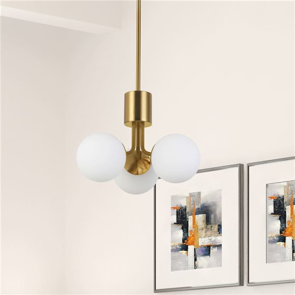 Dainolite Amanda 3-Light Aged Brass Pendant - White Opal Glass