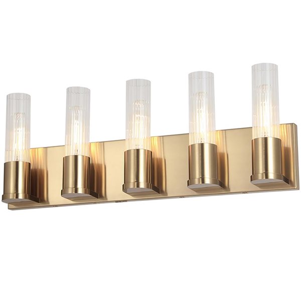 Dainolite Tube 5-Light Aged Brass Vanity Light - Clear Fluted Glass