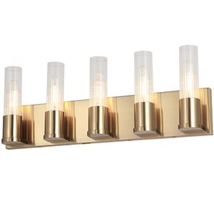 Dainolite Tube 5-Light Aged Brass Vanity Light - Clear Fluted Glass