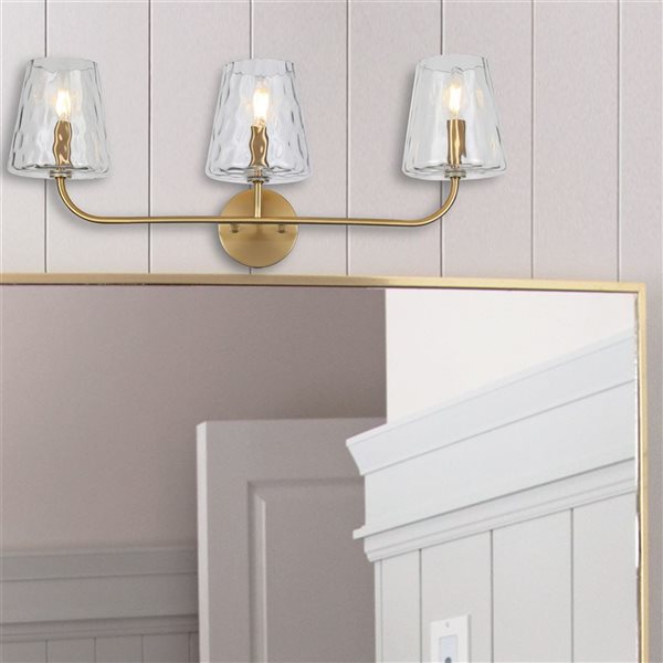 Dainolite Eleanor 3-Light Aged Brass Vanity Light - Clear Hammered Glass