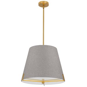 Luminaire suspendu Preston de Dainolite à 4 lumières de 19 po de diamètre en laiton patiné, abat-jour en tissu gris