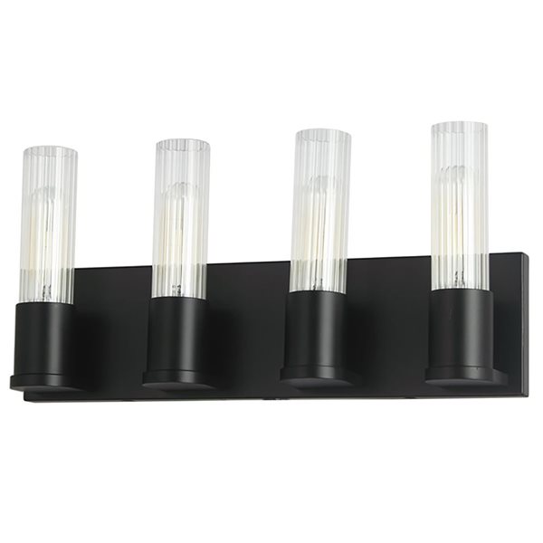 Luminaire de meuble-lavabo 4 lumières Tube de Dainolite noir mat avec verre clair cannelé