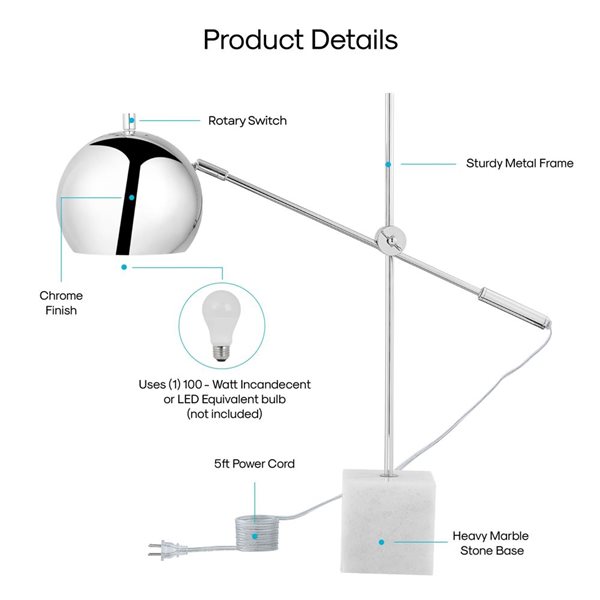 Inspired Home Citlalli Table Lamp, 5ft Power Cord, Marble Stone Base, Chrome