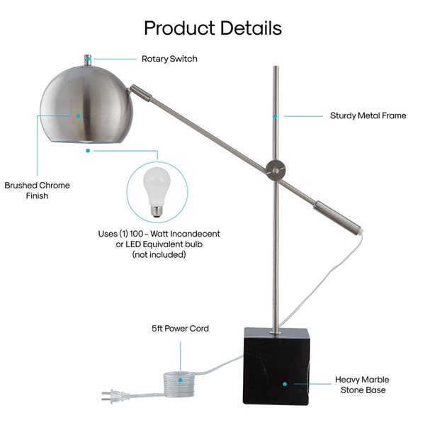 Inspired Home Citlalli Table Lamp, 5ft Power Cord, Marble Base, Stainless Steel