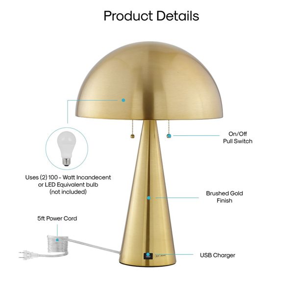 Inspired Home Esai Table Lamp, USB Charger, Brass