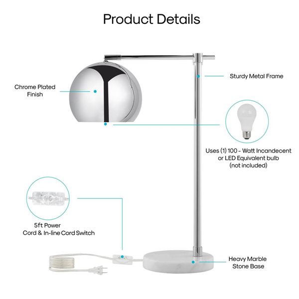 Inspired Home Kahlil Table Lamp, 5ft Power Cord, Marble Stone Base, Chrome