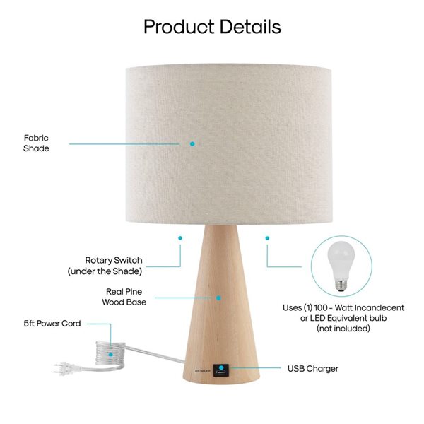 Inspired Home Emberlee Table Lamp, 5ft Power Cord, USB Charger, Beige