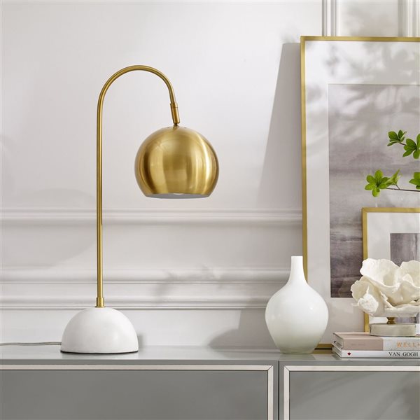 Inspired Home Zac Table Lamp, 5ft Power Cord, Marble Stone Base, Brass