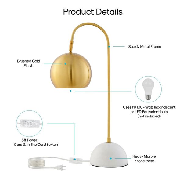 Inspired Home Zac Table Lamp, 5ft Power Cord, Marble Stone Base, Brass