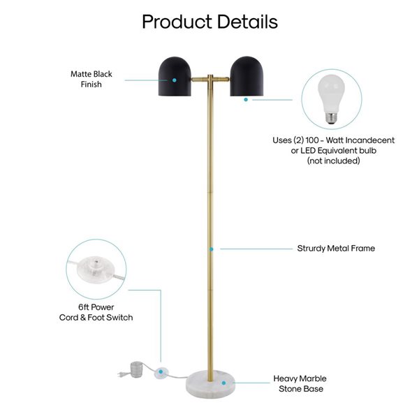 Inspired Home Jaydah Floor Lamp, 6ft Power Cord, Foot Switch, 2 Lights, Black