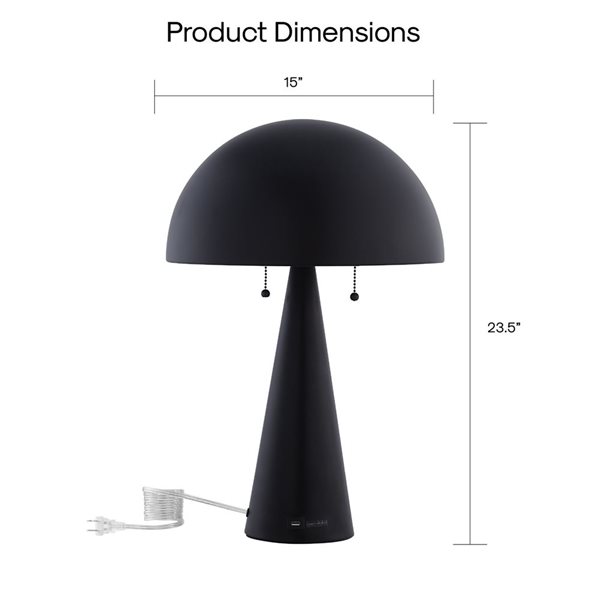 Inspired Home Esai Table Lamp, USB Charger, Black