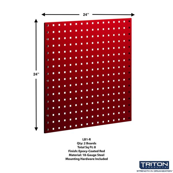 Triton Product LocBoard 2-Piece Red Epoxy Coated 18-Gauge Steel Square Hole Pegboards and Hardware - 24 x 24-in