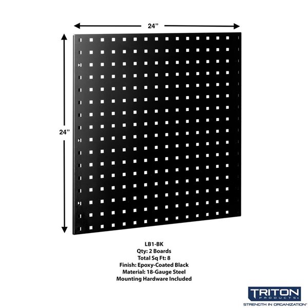 Triton Product LocBoard 2-Piece Black Epoxy Coated 18-Gauge Steel Square Hole Pegboards and Hardware - 24 x 24-in