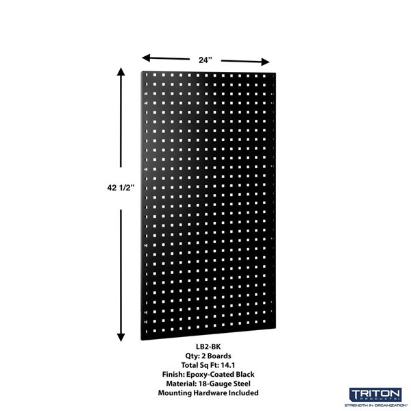 Triton Product LocBoard 2-Pc Black Epoxy Coated 18-Gauge Steel Square Hole Pegboards and Hardware - 24 x 42 ½-in