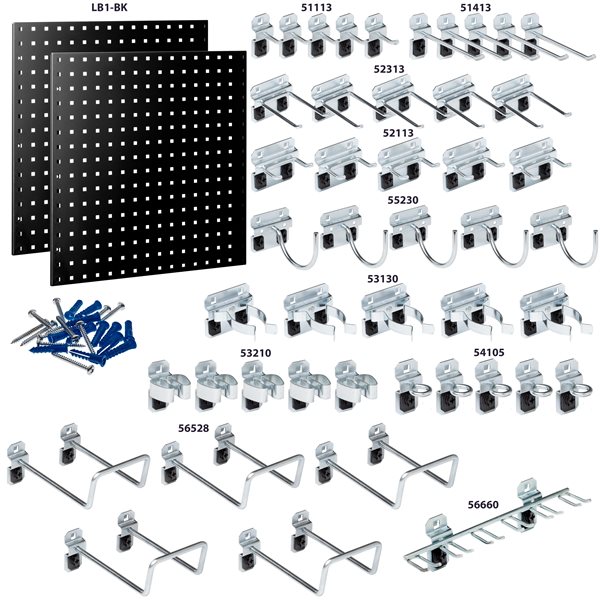 Triton Product LocBoard 2-Pc Black Epoxy Coated 18-Gauge Steel Square Hole Pegboards and 46 LocHooks - 24 x 24-in