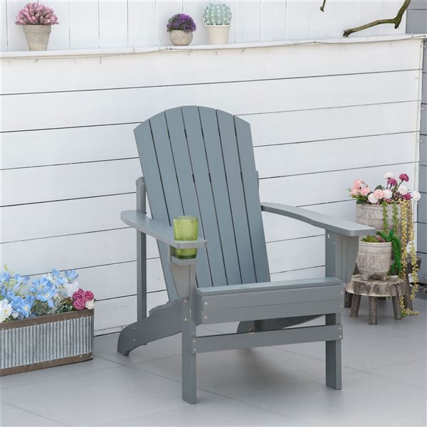 Outsunny Dark Grey Classic Adirondack Chair with Cup Holder for Backyard