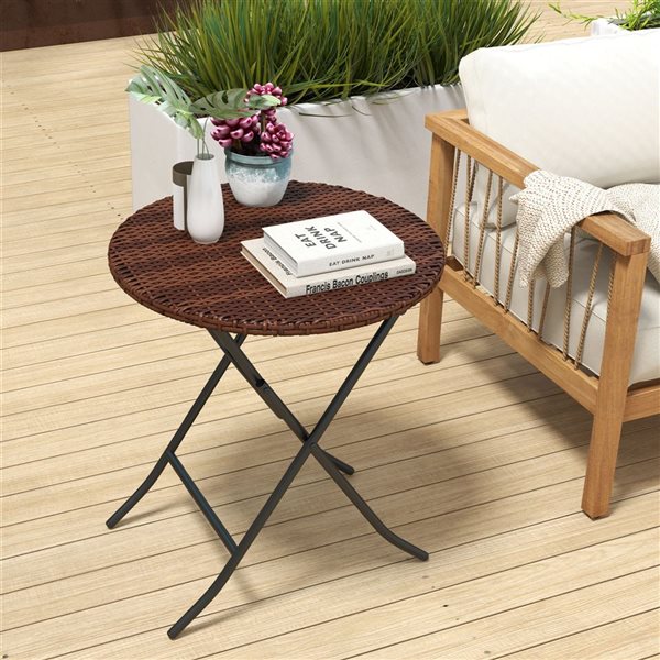 Outsunny Brown Wicker Foldable End Table with Metal Frame