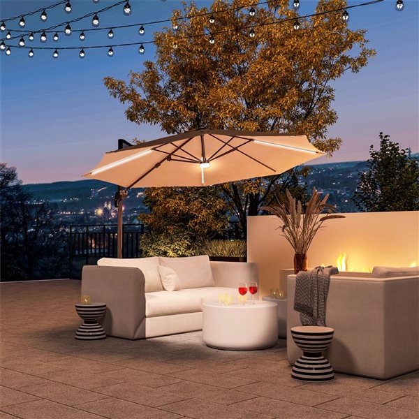 Parasol de patio Outsunny de 10' avec base, lumières solaires, kaki