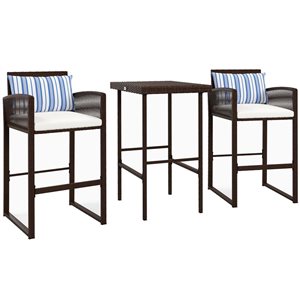 Outsunny 3-Piece Wicker Patio Bar Table Set with White Cushions & Pillows