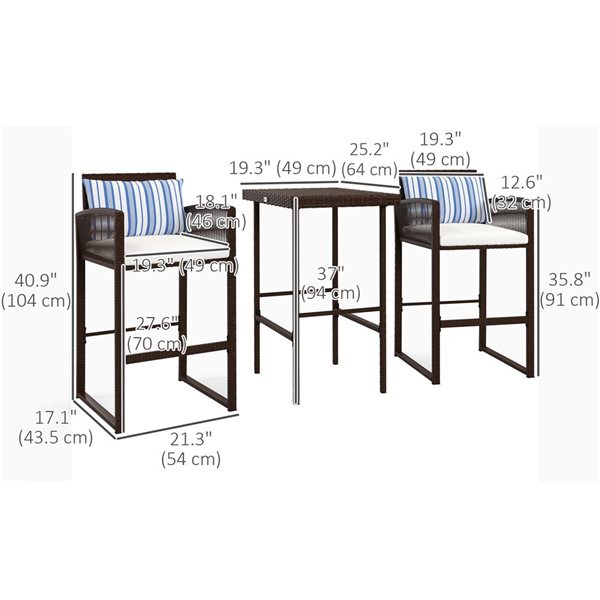 Outsunny 3-Piece Wicker Patio Bar Table Set with White Cushions & Pillows