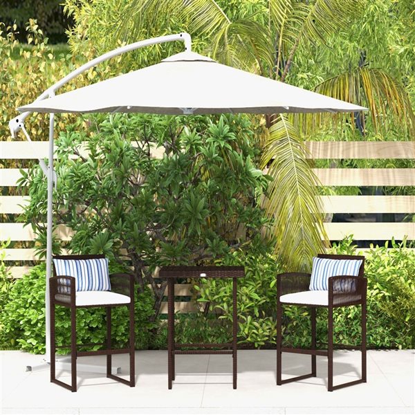 Outsunny 3-Piece Wicker Patio Bar Table Set with White Cushions & Pillows