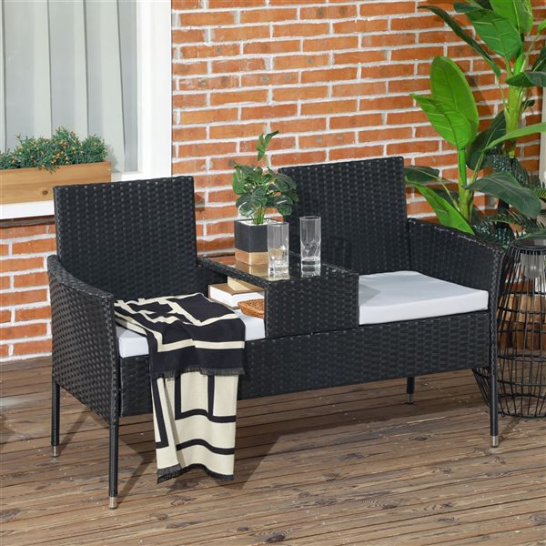 Outsunny Light Grey Patio Furniture, Mid-Table PE Rattan Loveseat, Cushion