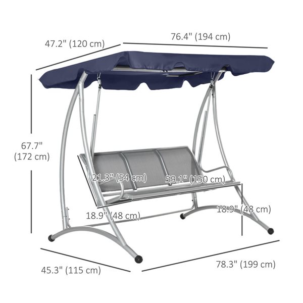 Outsunny Dark Blue 3-Person Patio Swing Seats with Adjustable Canopy