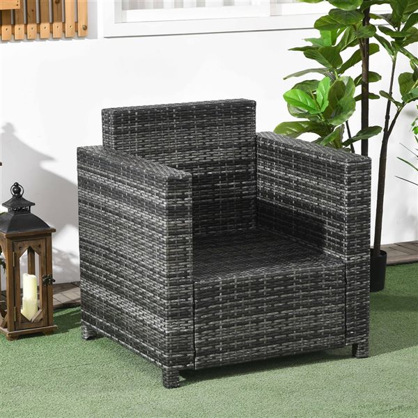 Outsunny Patio Rattan Single Sofa with Grey Cushions and Armrests