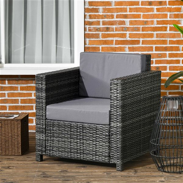 Outsunny Patio Rattan Single Sofa with Grey Cushions and Armrests