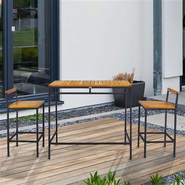 Outsunny Dark Brown Wicker Patio Bar Table Set with Acacia Wood Top Table