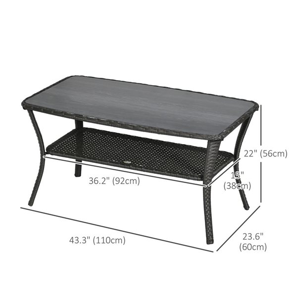 Outsunny Black Rattan Outdoor Coffee Table with 2-Layer Storage Shelf