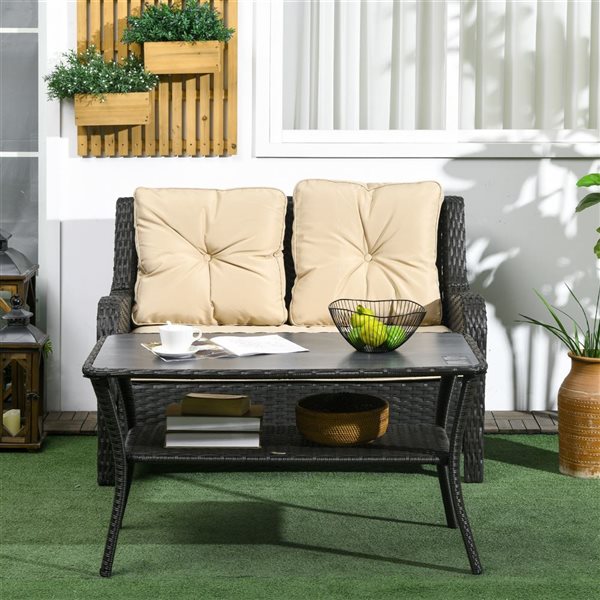 Outsunny Black Rattan Outdoor Coffee Table with 2-Layer Storage Shelf