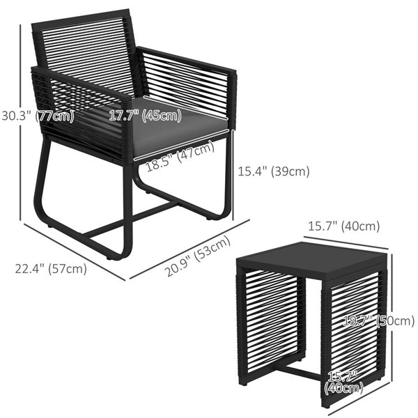 Meubles de patio Outsunny 3 pièces en osier avec coussins de siège, noir