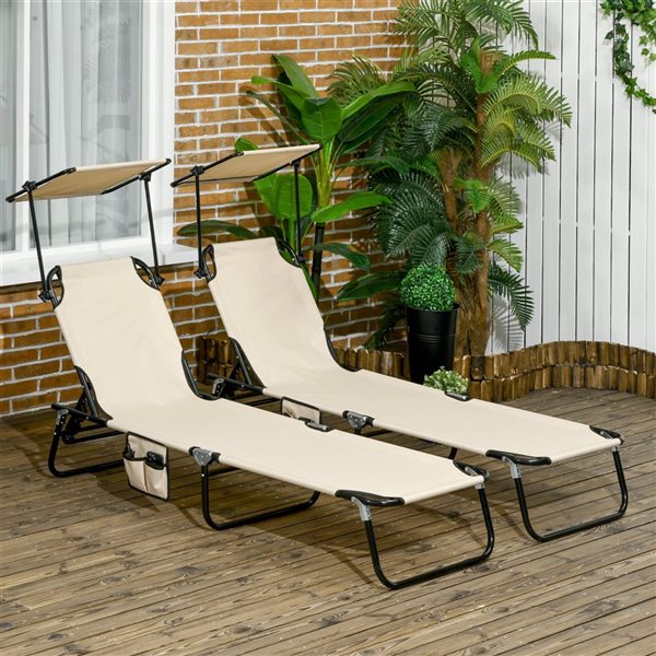 Outsunny 2-Piece Tan Folding Chaise Lounges with Adjustable Backrest