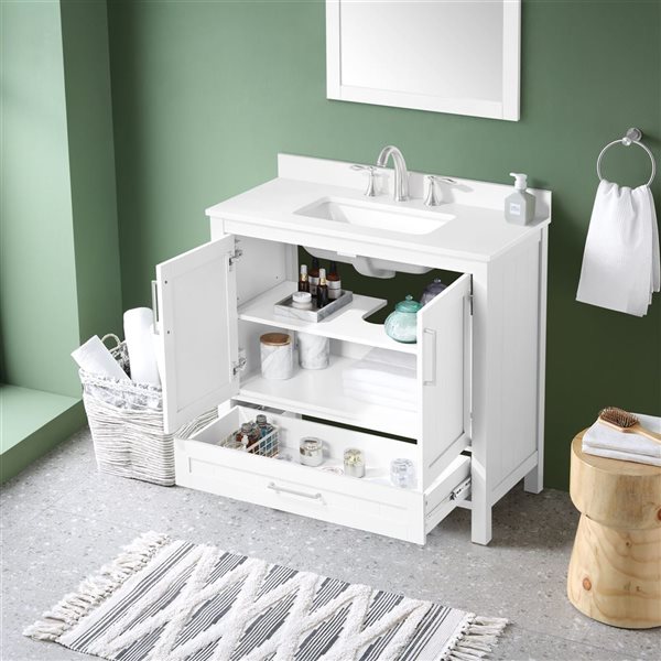 Meuble-lavabo blanc simple à plan en pierre d'ingénierie blanc Kansas d'OVE Decors, 36 l. x 19 p. x 34 po h.