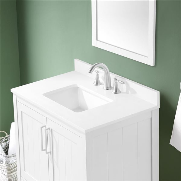 Meuble-lavabo blanc simple à plan en pierre d'ingénierie blanc Kansas d'OVE Decors, 36 l. x 19 p. x 34 po h.