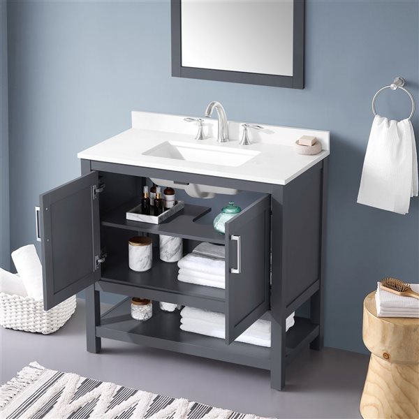 Meuble-lavabo gris charbon simple à plan en pierre d'ingénierie blanche Vegas d'OVE Decors, 36 l. x 19 p. x 34 po h.