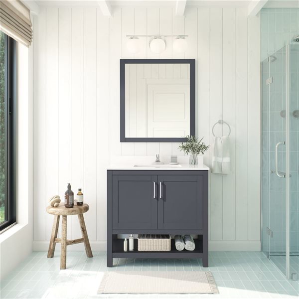 Meuble-lavabo gris charbon simple à plan en pierre d'ingénierie blanche Vegas d'OVE Decors, 36 l. x 19 p. x 34 po h.