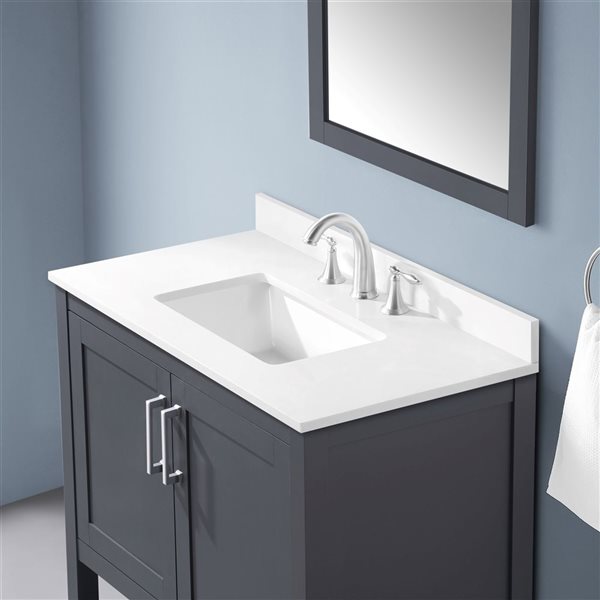 Meuble-lavabo gris charbon simple à plan en pierre d'ingénierie blanche Vegas d'OVE Decors, 36 l. x 19 p. x 34 po h.