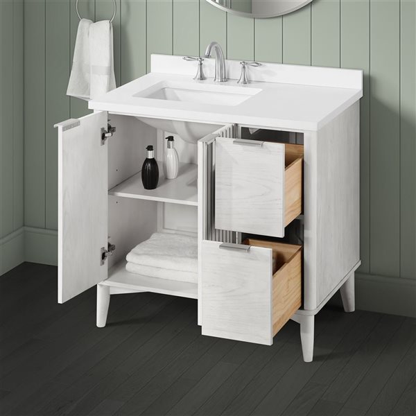 Meuble-lavabo blanc délavé simple à plan en similimarbre blanc Gabi d'OVE Decors 36 l. x 22,1 p. x 34,5 po h.