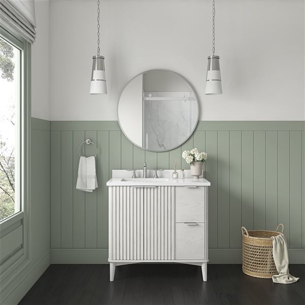 Meuble-lavabo blanc délavé simple à plan en similimarbre blanc Gabi d'OVE Decors 36 l. x 22,1 p. x 34,5 po h.