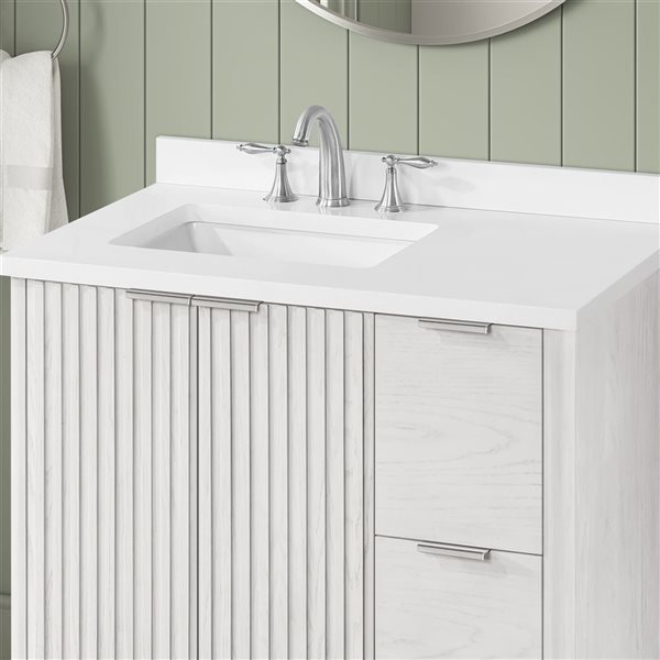 Meuble-lavabo blanc délavé simple à plan en similimarbre blanc Gabi d'OVE Decors 36 l. x 22,1 p. x 34,5 po h.