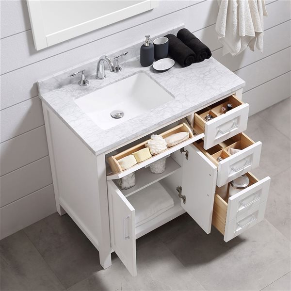 Meuble-lavabo simple blanc à plan en marbre de Carrare Tahoe d'OVE Decors 36 l. x 21 p. x 34 po h.