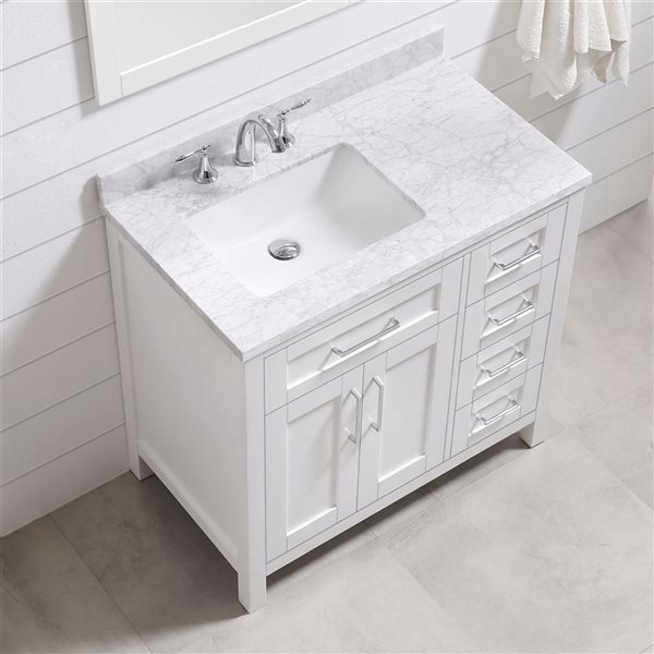 Meuble-lavabo simple blanc à plan en marbre de Carrare Tahoe d'OVE Decors 36 l. x 21 p. x 34 po h.