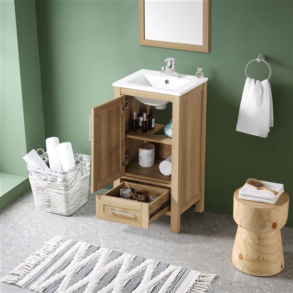 OVE Decors Kansas 18-in W x 16-in D x 34-in H Single Sink Bath Vanity in White Oak with White Ceramic Top