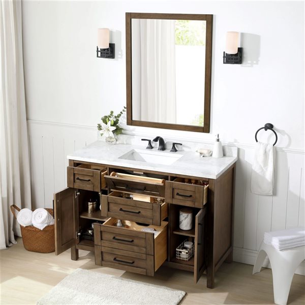 Meuble-lavabo simple latté amande à plan en similimarbre blanc Tahoe d'OVE Decors 48 l. x 21 p. x 34 po h.